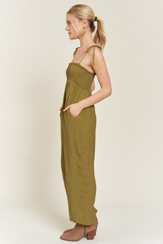 Jade By Jane Smocked Tie Strap Jumpsuit - NeoKira Unlimited