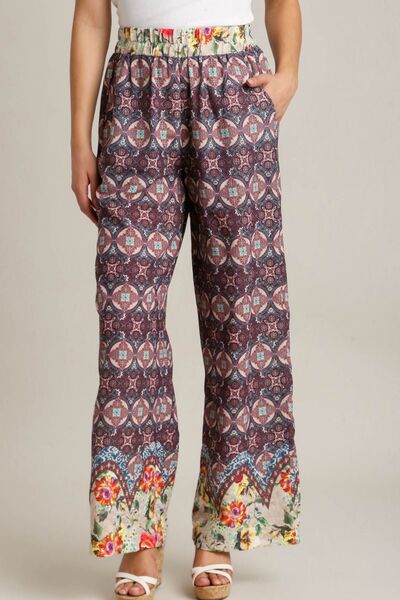 Umgee Full Size Mixed Print Elastic Waistband Pants Plus Size - NeoKira Unlimited