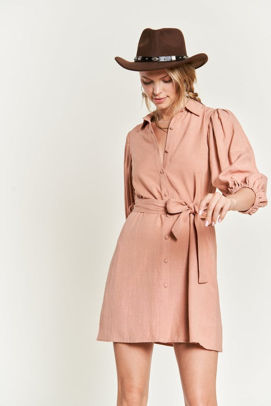 Jade By Jane Half Sleeve Belted Dress | Balloon Sleeve Linen Blend Elegance - NeoKira Unlimited