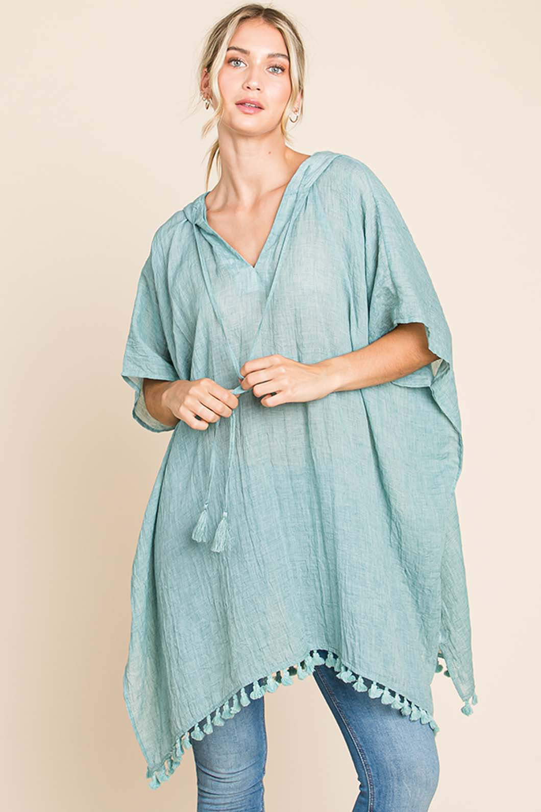 Cotton Bleu by Nu Label Tassel Hem Hooded Cover Up Cover Up Trendsi Mint S 