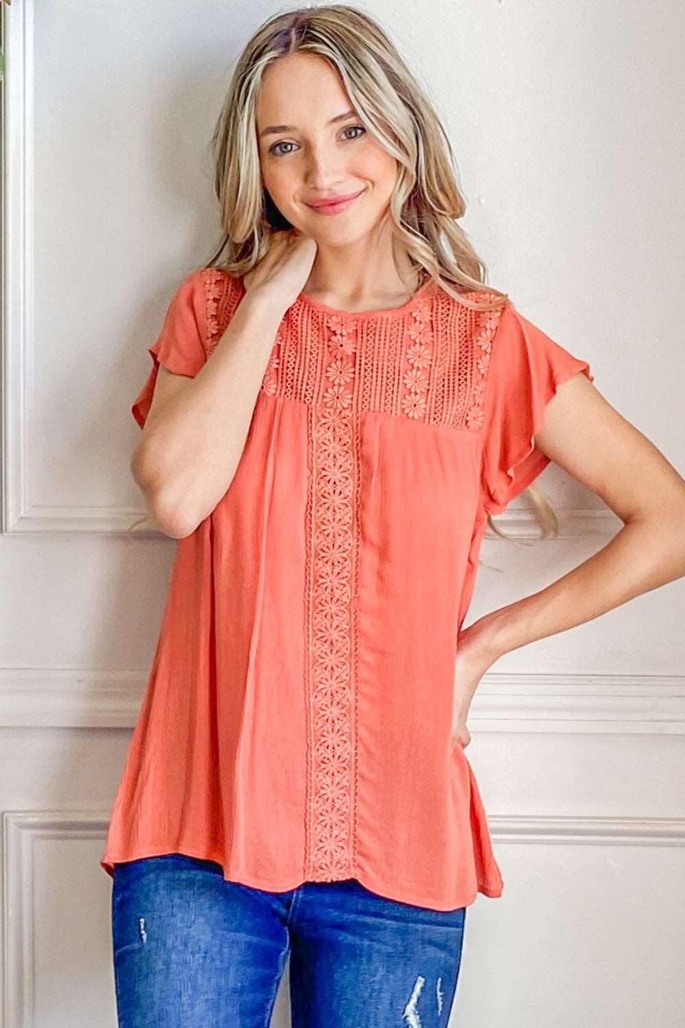 And The Why Lace Detail Ruffle Short Sleeve Blouse  Trendsi   