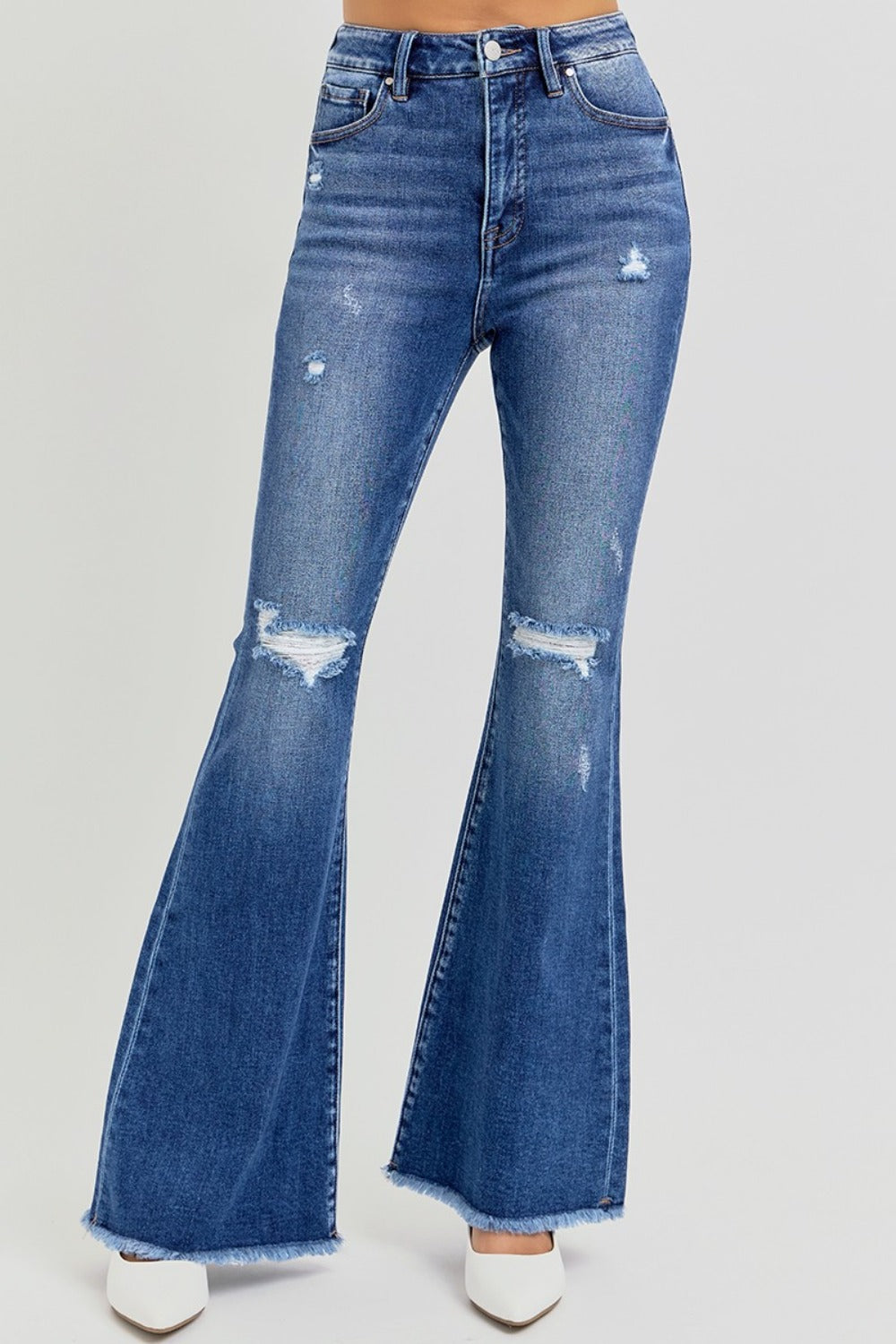 RISEN Full Size High Rise Distressed Raw Hem Flare Jeans - NeoKira Unlimited