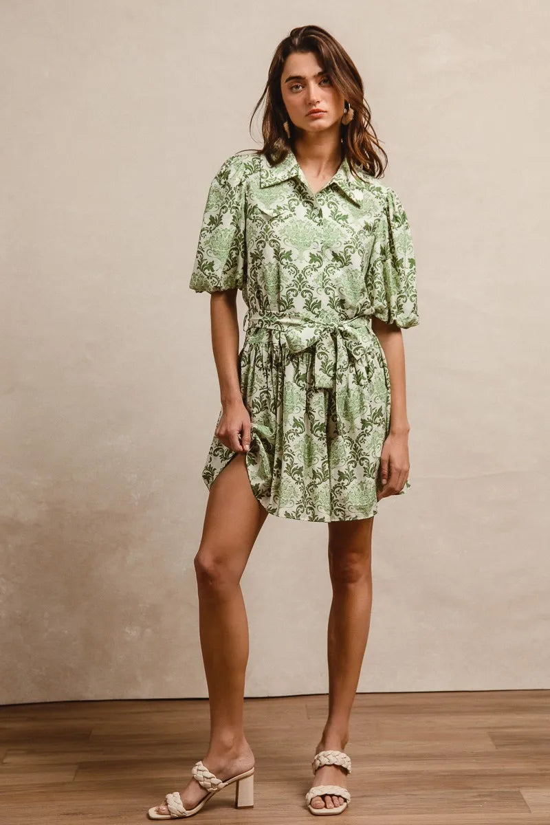 BiBi Tied Floral Short Sleeve Mini Shirt Dress - NeoKira Unlimited