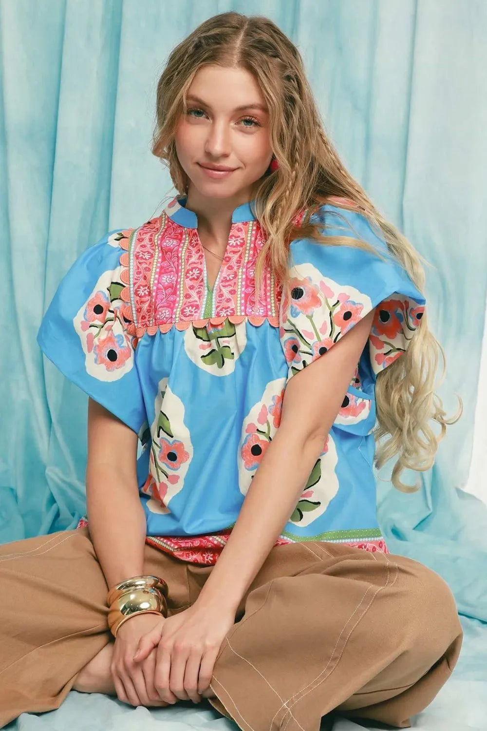 Umgee Boho Chic Puff Sleeve Floral Blouse with Notched Neckline - NeoKira Unlimited