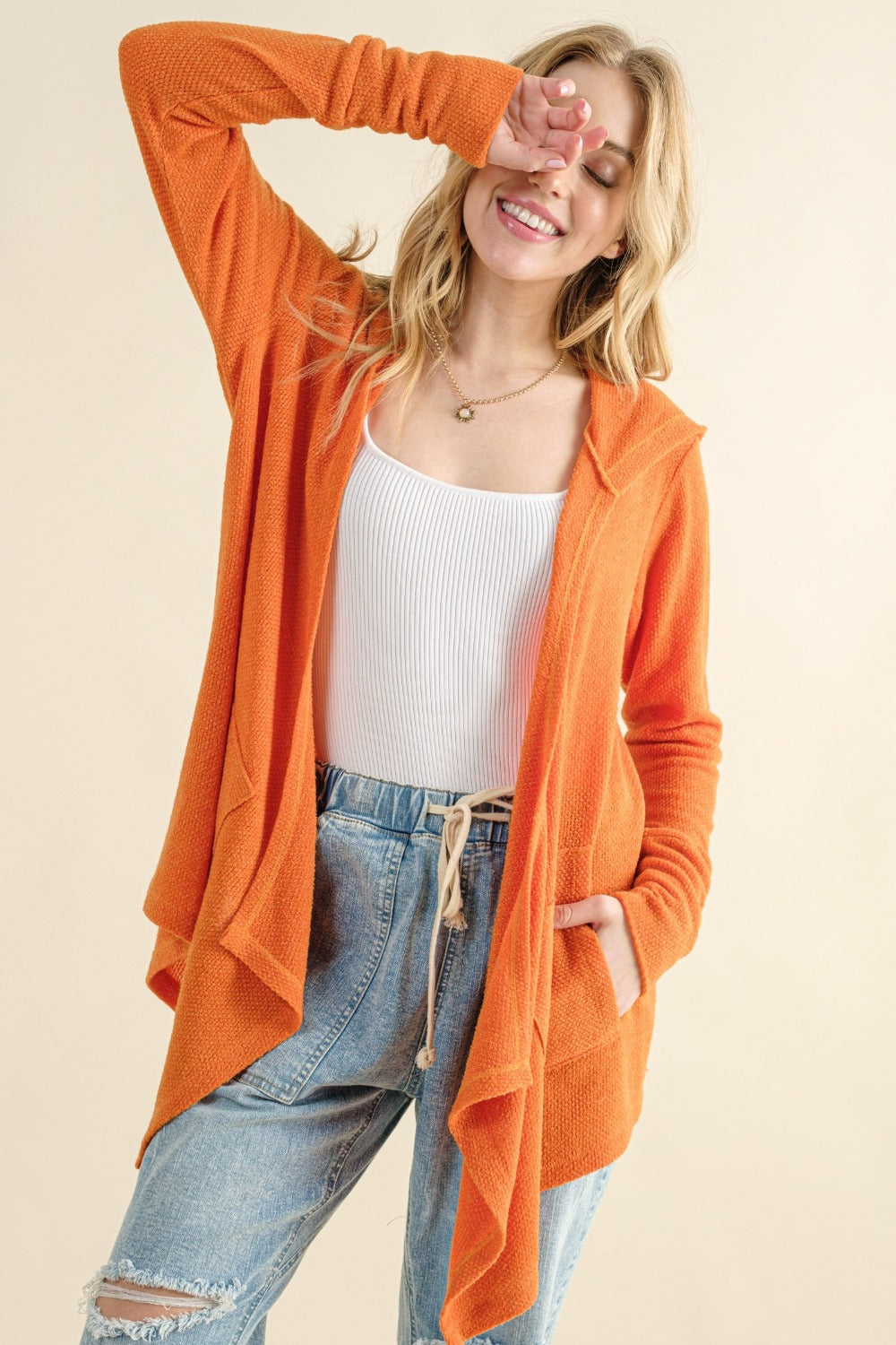 And The Why Full Size Thermal Hooded Open Front Cardigan with Pockets - NeoKira Unlimited