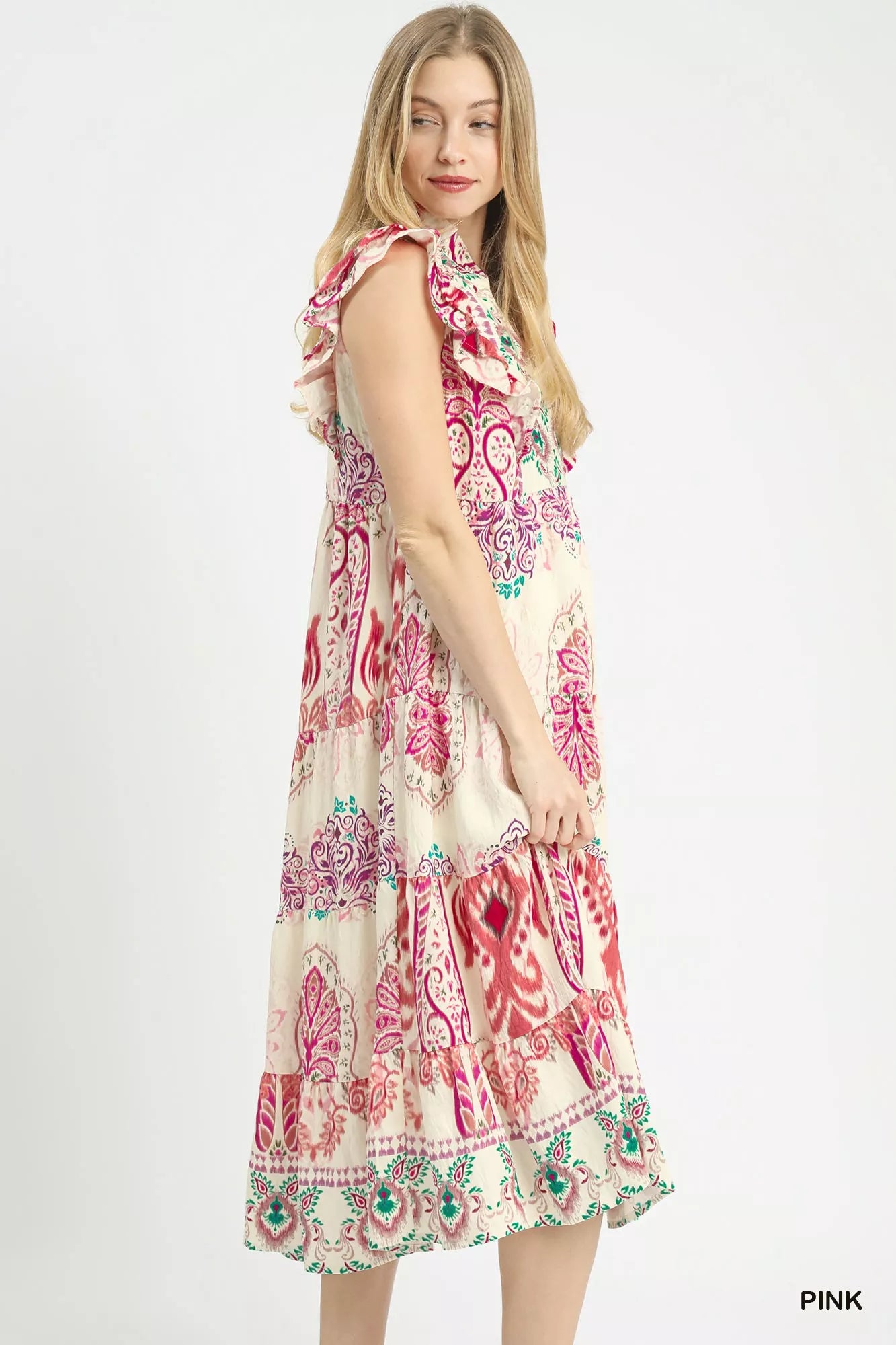 Umgee Boho Border Print Ruffle Midi Dress Boho Chic - NeoKira Unlimited