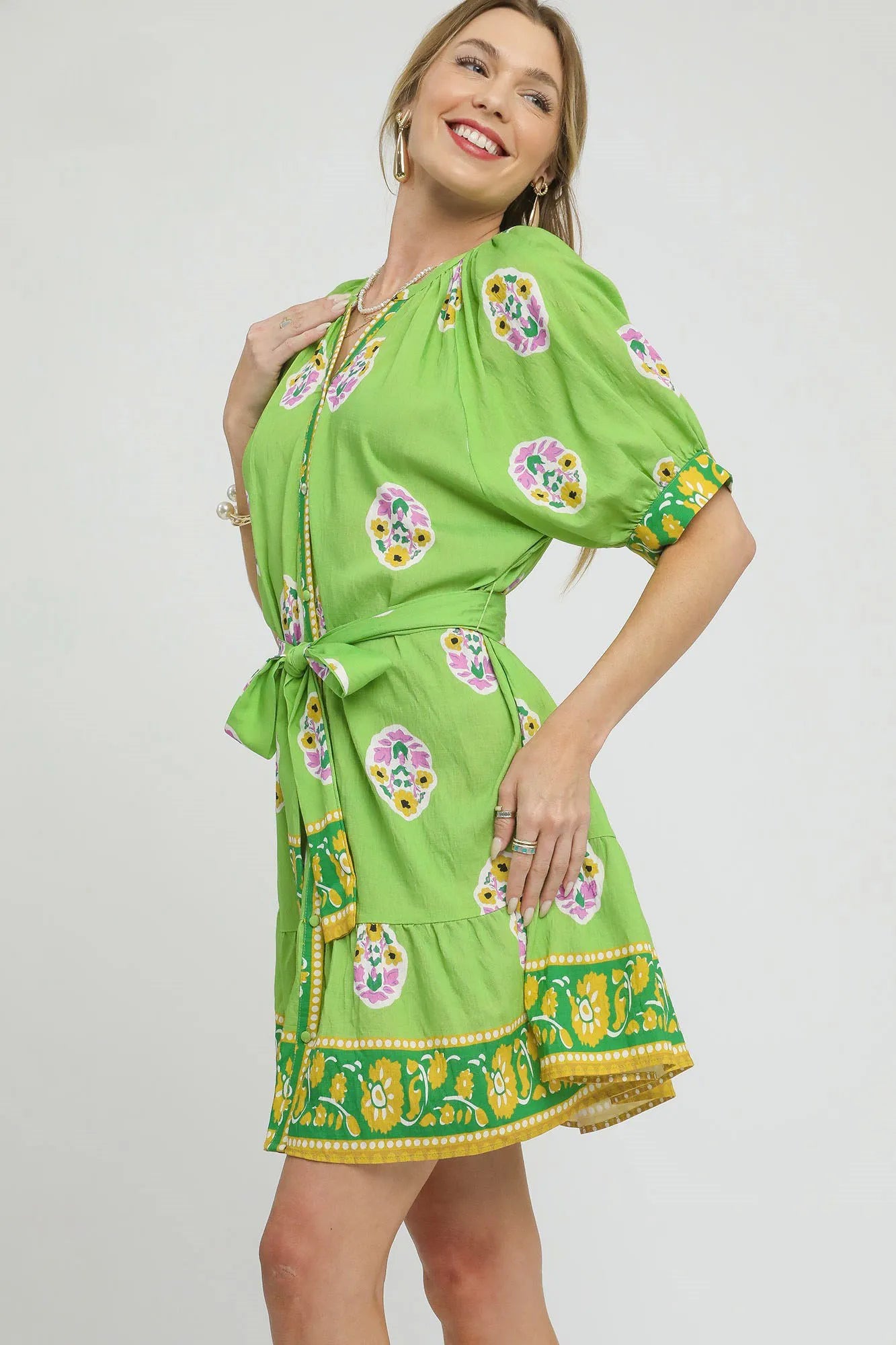 Umgee Floral Green Tie Waist Boho Shirt Dress Garden-Inspired Chic Look - NeoKira Unlimited