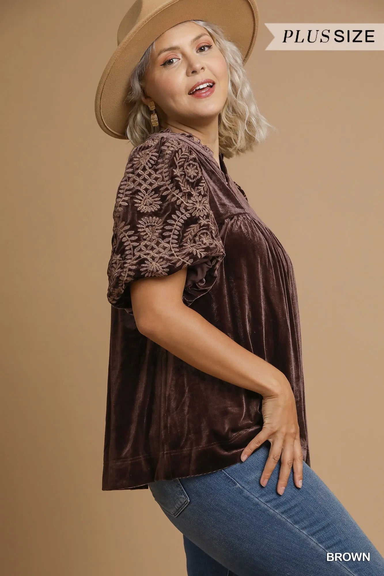 Umgee Velvet Embroidered Sleeve Blouse – Boho Luxe Plus Style - NeoKira Unlimited