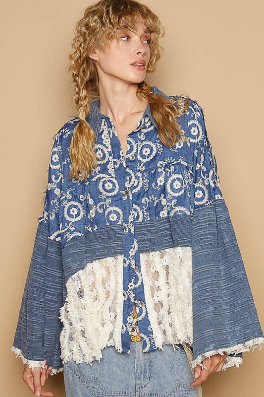 POL Lace Hem Embroidered Long Sleeve Shirt - NeoKira Unlimited