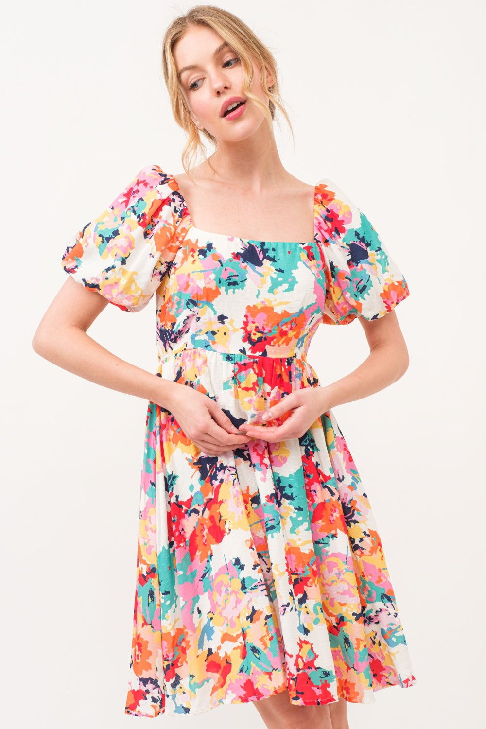 And The Why Square Neck Puff Sleeve Floral Dress Mini Dress Trendsi   