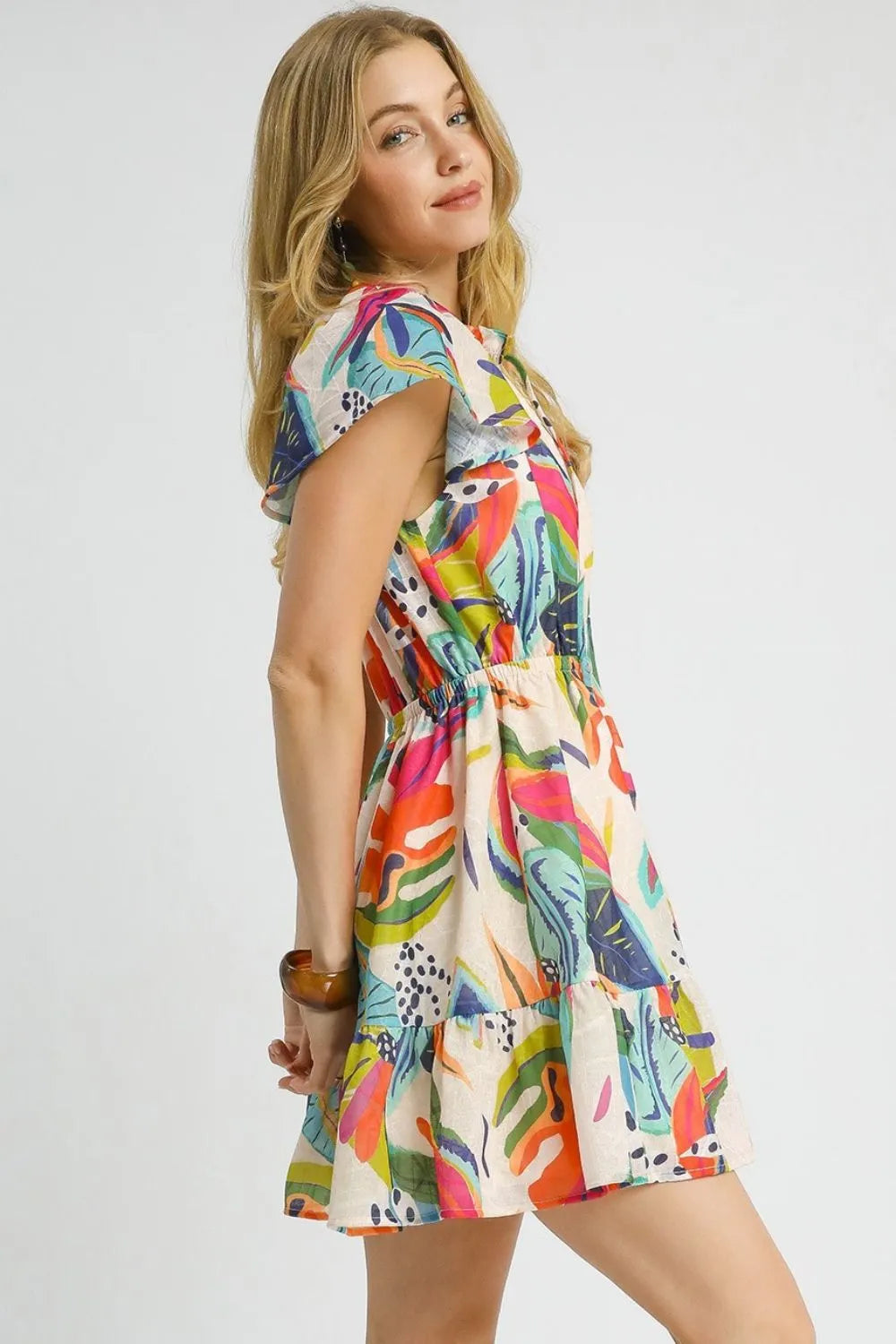 Umgee Tropical Print Smocked Mini Dress Tie Neck and Flutter Sleeves - NeoKira Unlimited