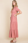 BOMBOM Short Sleeve Tiered Maxi Dress Maxi Dress Trendsi   