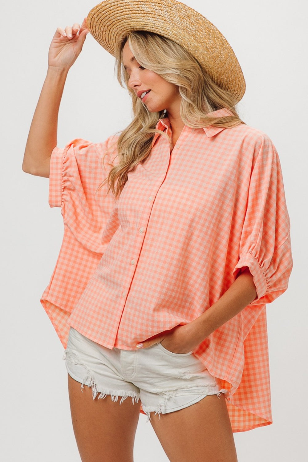 BiBi Plaid Button Up Dolman Sleeve Shirt Shirt Trendsi   