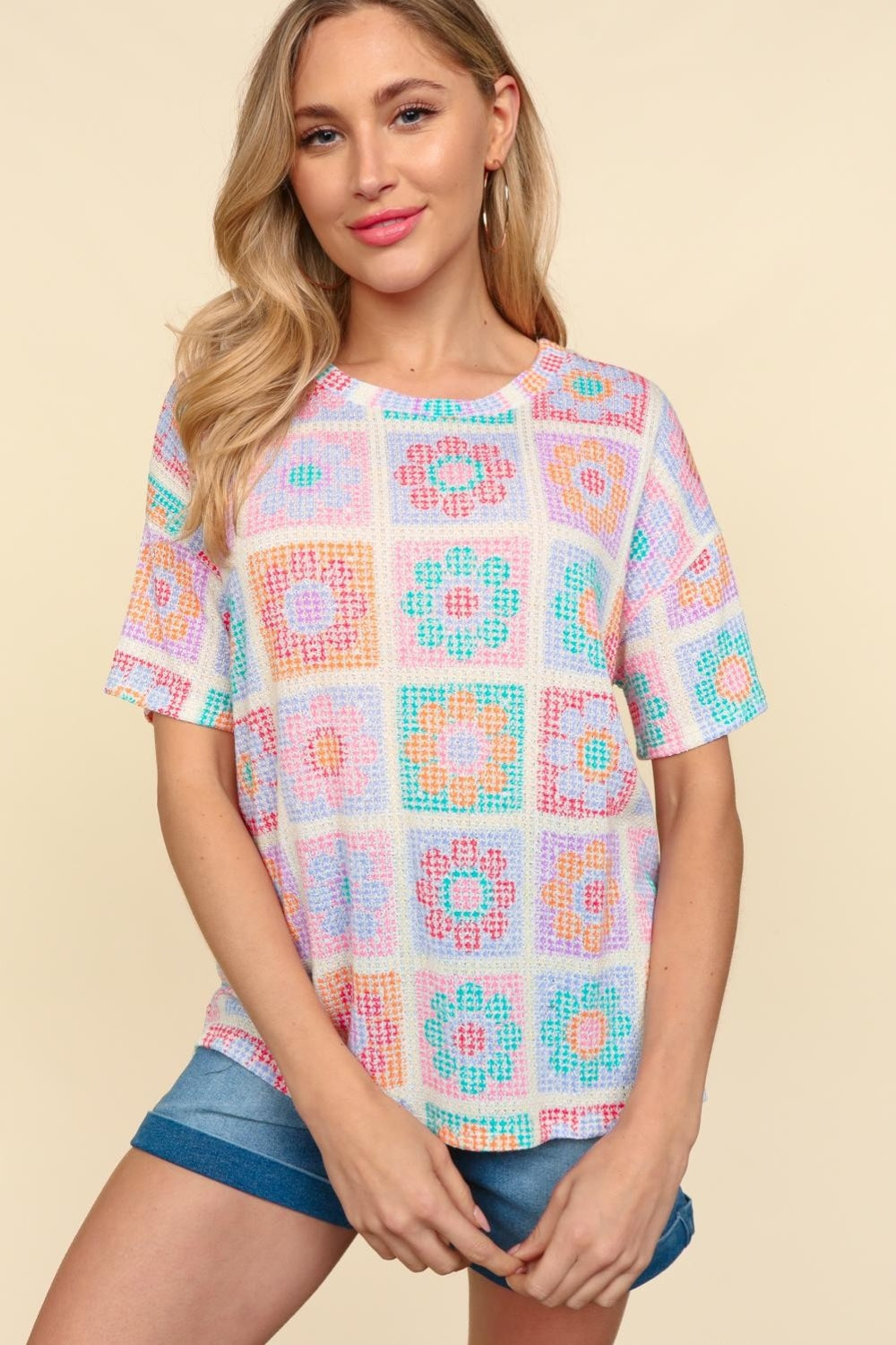 Haptics Flower Print Round Neck Short Sleeve T-Shirt - NeoKira Unlimited