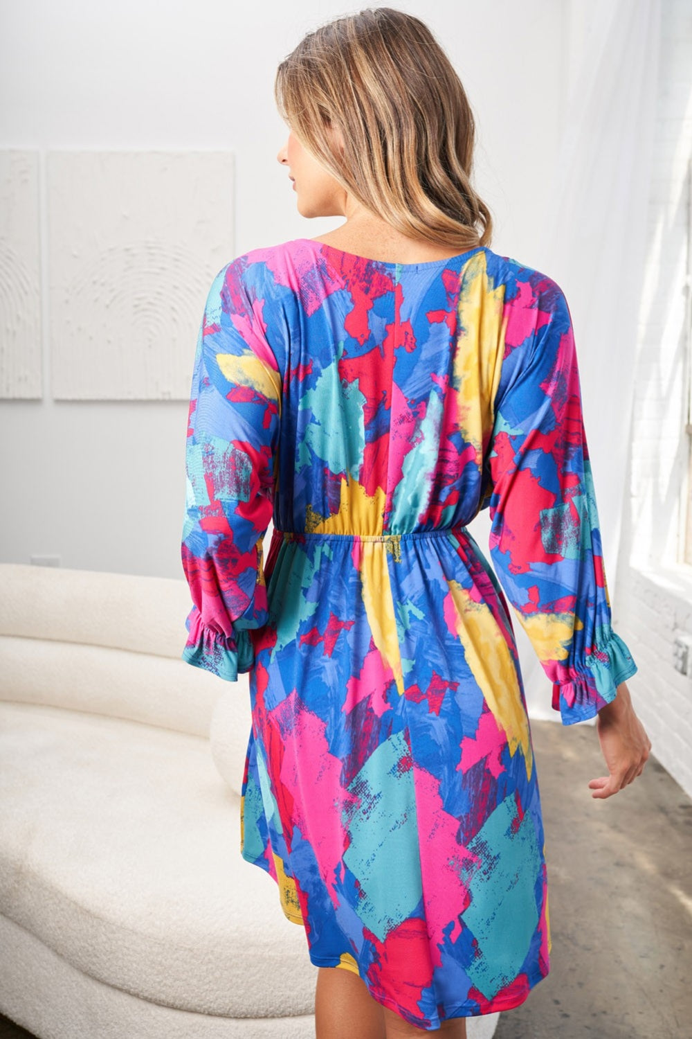 White Birch Full Size Printed V-Neck Mini Dress - NeoKira Unlimited