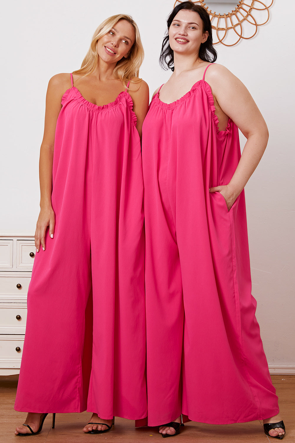 Double Take Full Size Ruffle Trim Tie Back Cami Jumpsuit with Pockets - NeoKira Unlimited