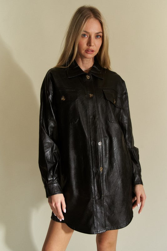 Davi & Dani Faux Leather Button Up Jacket with Chest Pockets - NeoKira Unlimited