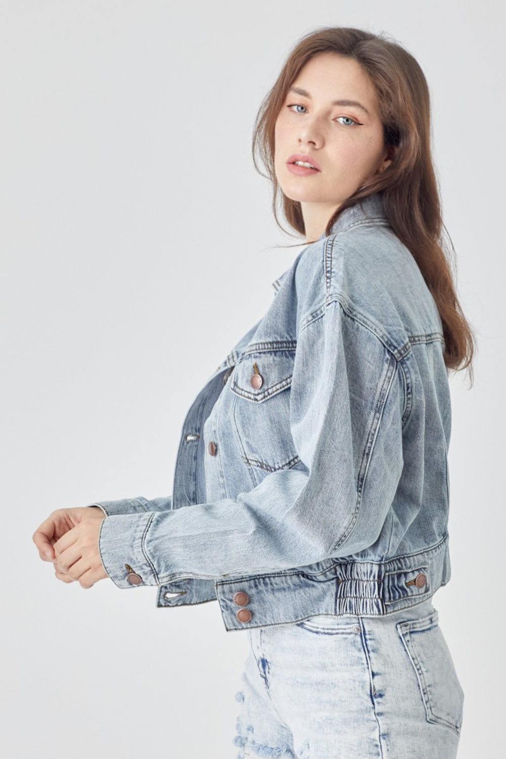 RISEN Full Size Button Down Cropped Denim Jacket - NeoKira Unlimited