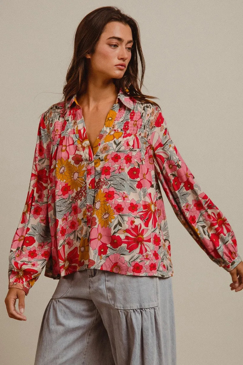 BiBi Tropical Floral Button-Up Blouse Vibrant Long Sleeve Relaxed Fit Top - NeoKira Unlimited