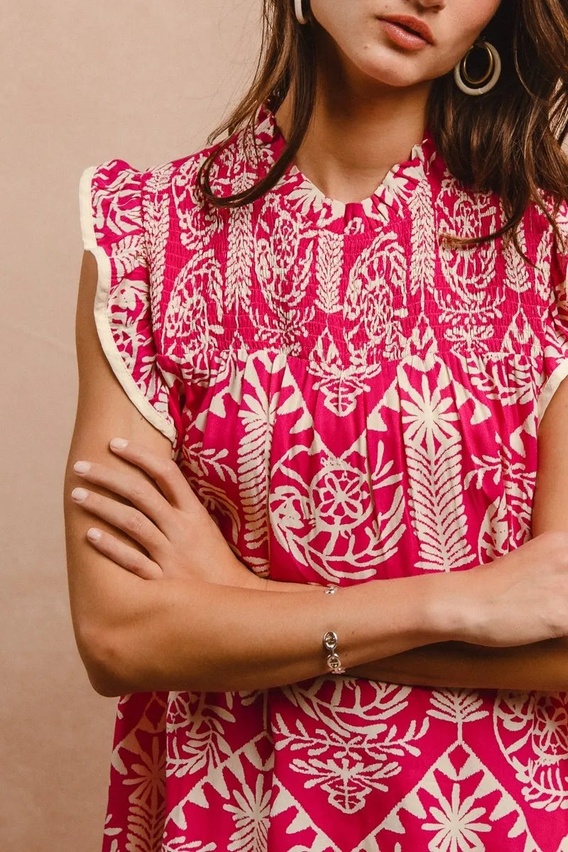 BiBi Pink Paisley Ruffle Cap Sleeve Smocked Neck Blouse - NeoKira Unlimited