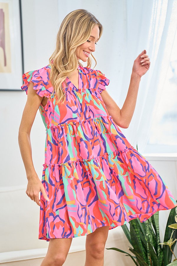 First Love Full Size Printed Ruffle Cap Sleeve Tiered Dress Mini Dress Trendsi   