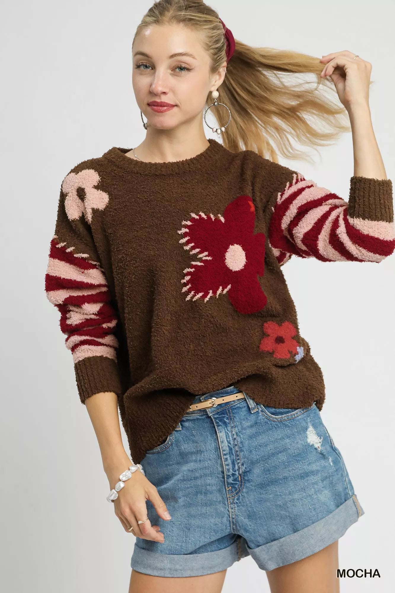 Umgee Flower Jacquard Striped Long Sleeve Sweater Cozy Cottagecore Chic - NeoKira Unlimited