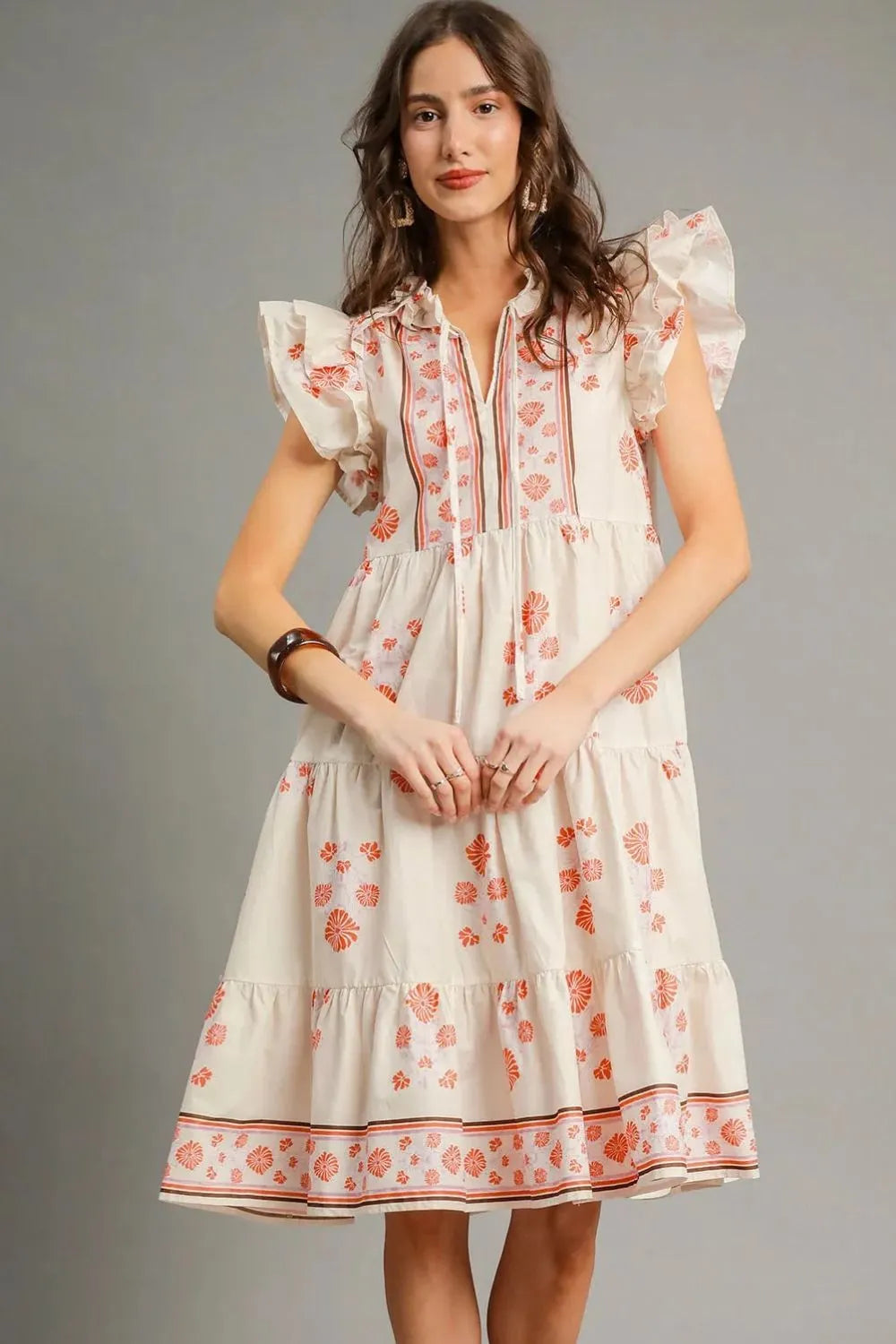 Umgee Boho Coral Garden Floral Tie Neck Midi Dress Tiered A-Line Fit - NeoKira Unlimited