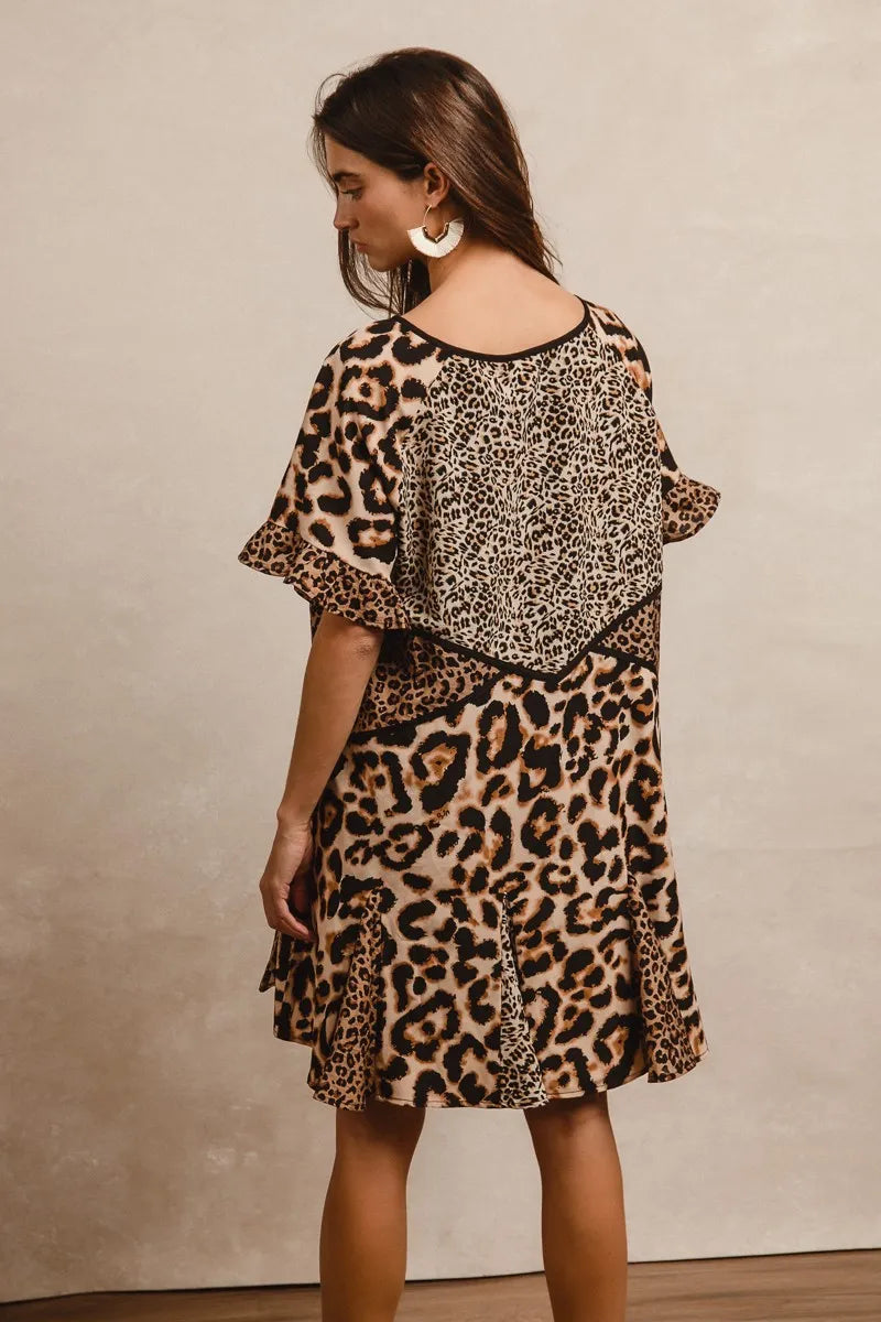 BiBi Leopard Print Mini Dress – V-Neck Flutter Sleeve Belted Fit - NeoKira Unlimited