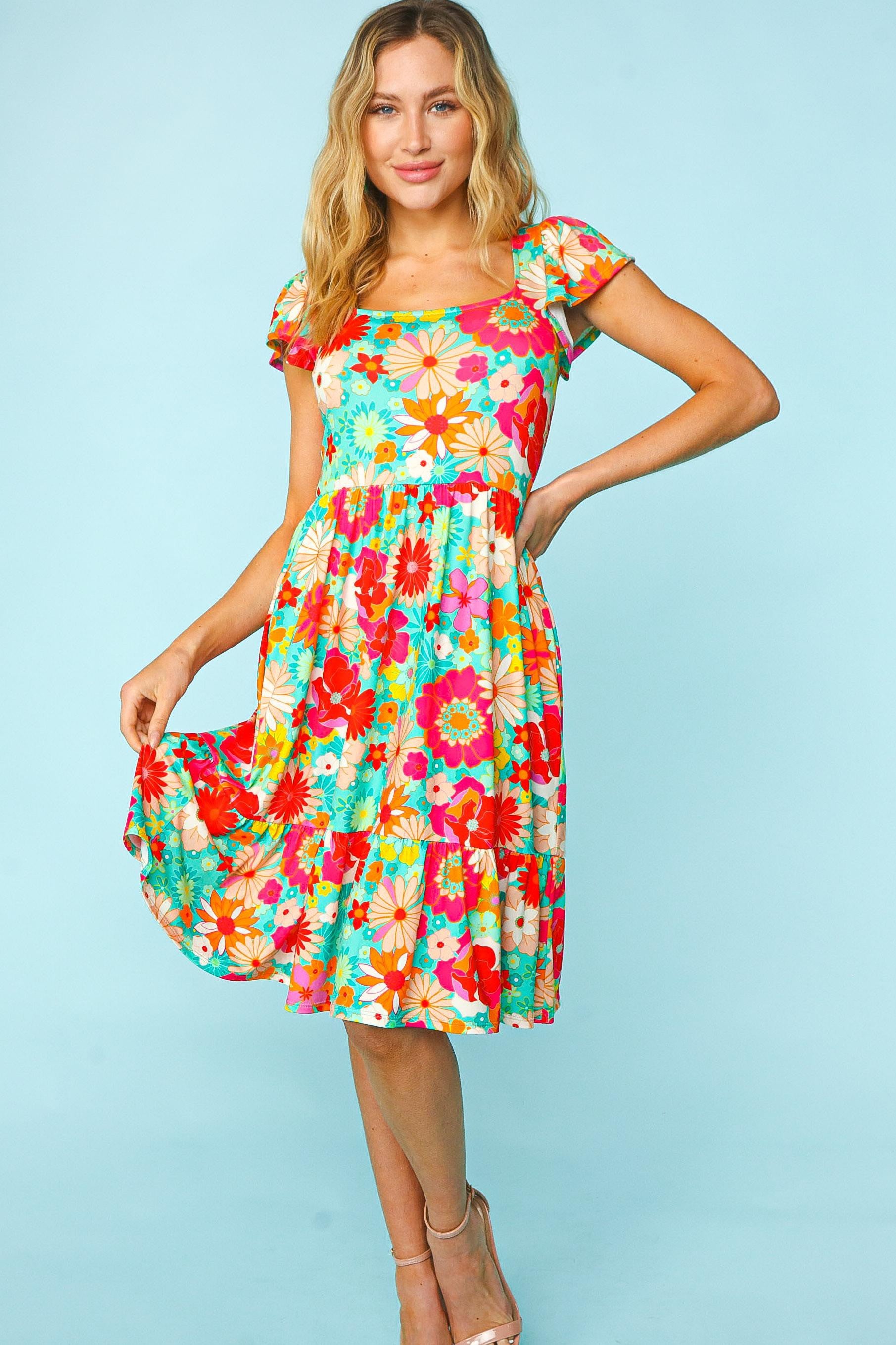 Haptics Floral Square Neck Short Sleeve Dress - NeoKira Unlimited