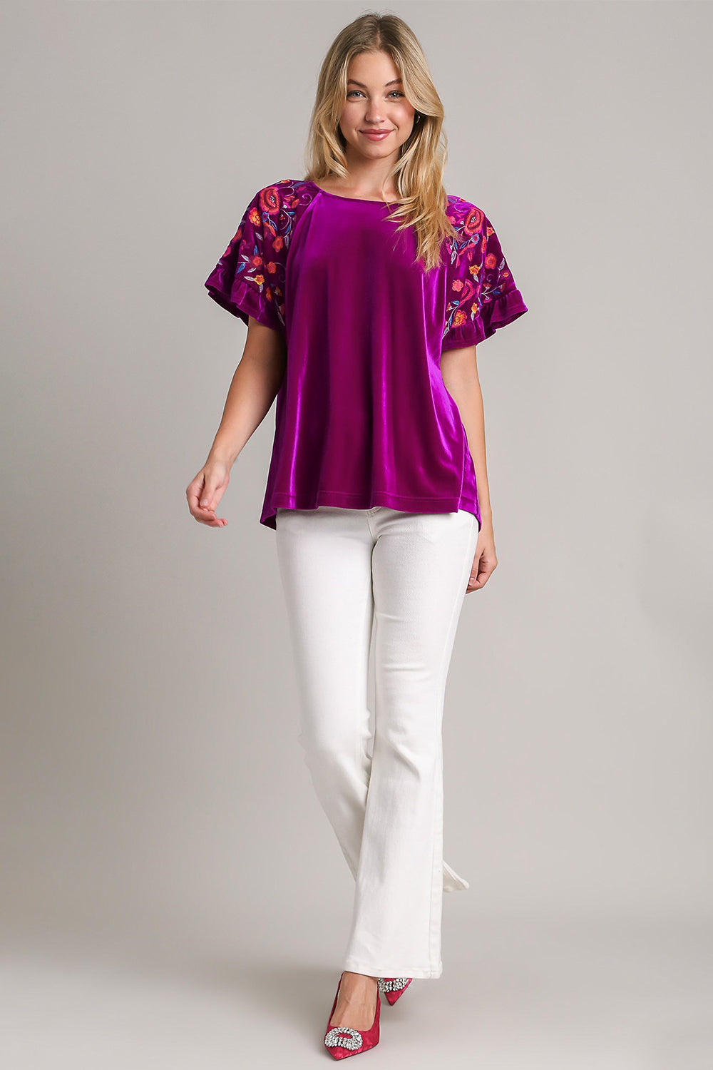 Umgee Full Size Velvet Embroidery Short Sleeve Blouse - NeoKira Unlimited