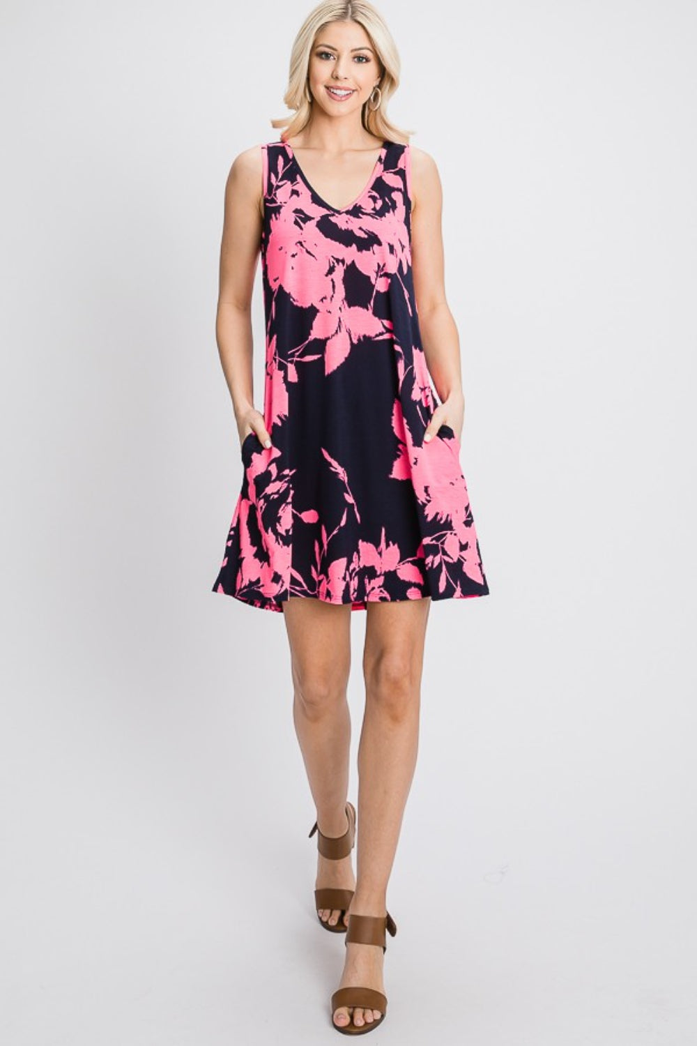 Heimish Full Size Floral V-Neck Tank Dress with Pockets Mini Dress Trendsi   