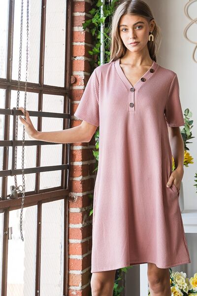 Heimish Full Size Solid Ribbed Mini Dress with Button Plus Size - NeoKira Unlimited