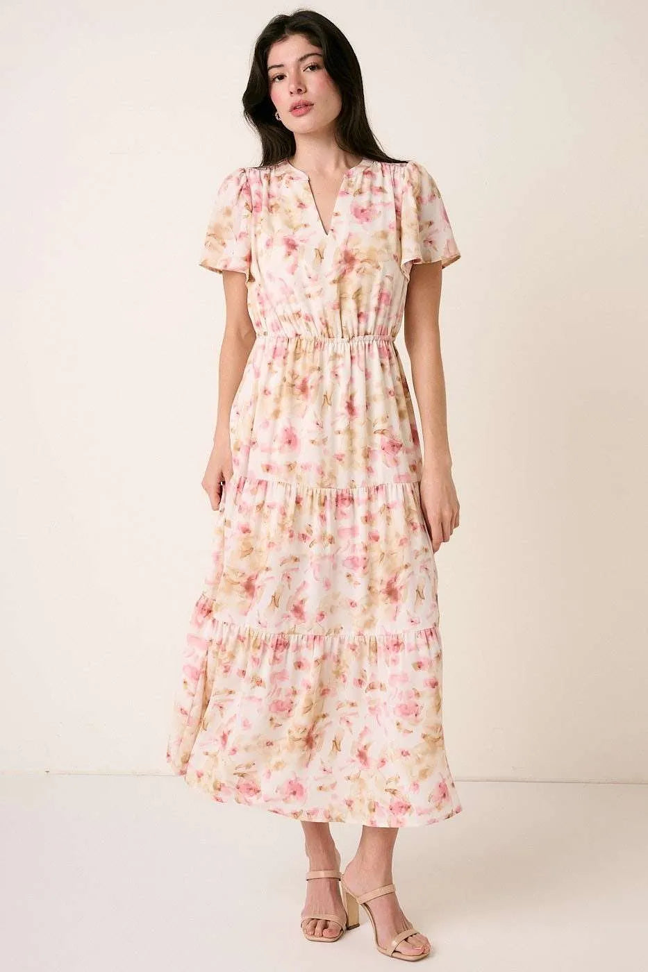 Mittoshop Flower Print Flutter Sleeve V Slit Maxi Dress - NeoKira Unlimited