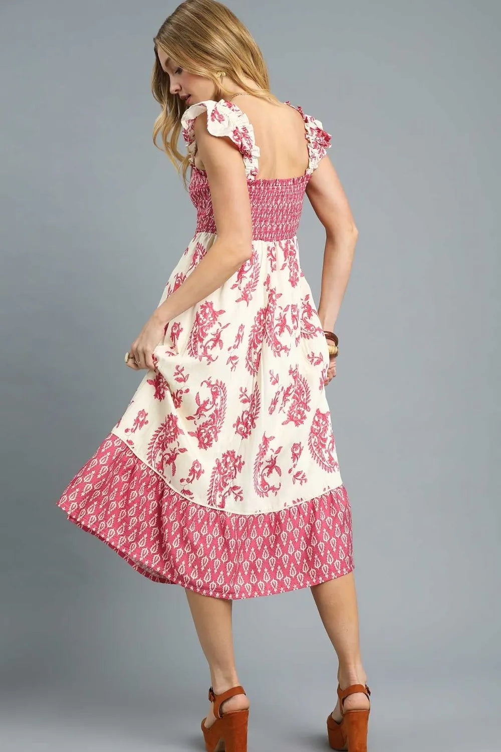 Umgee Boho Pink Smocked Floral Midi Dress Romantic Ruffle Elegance - NeoKira Unlimited