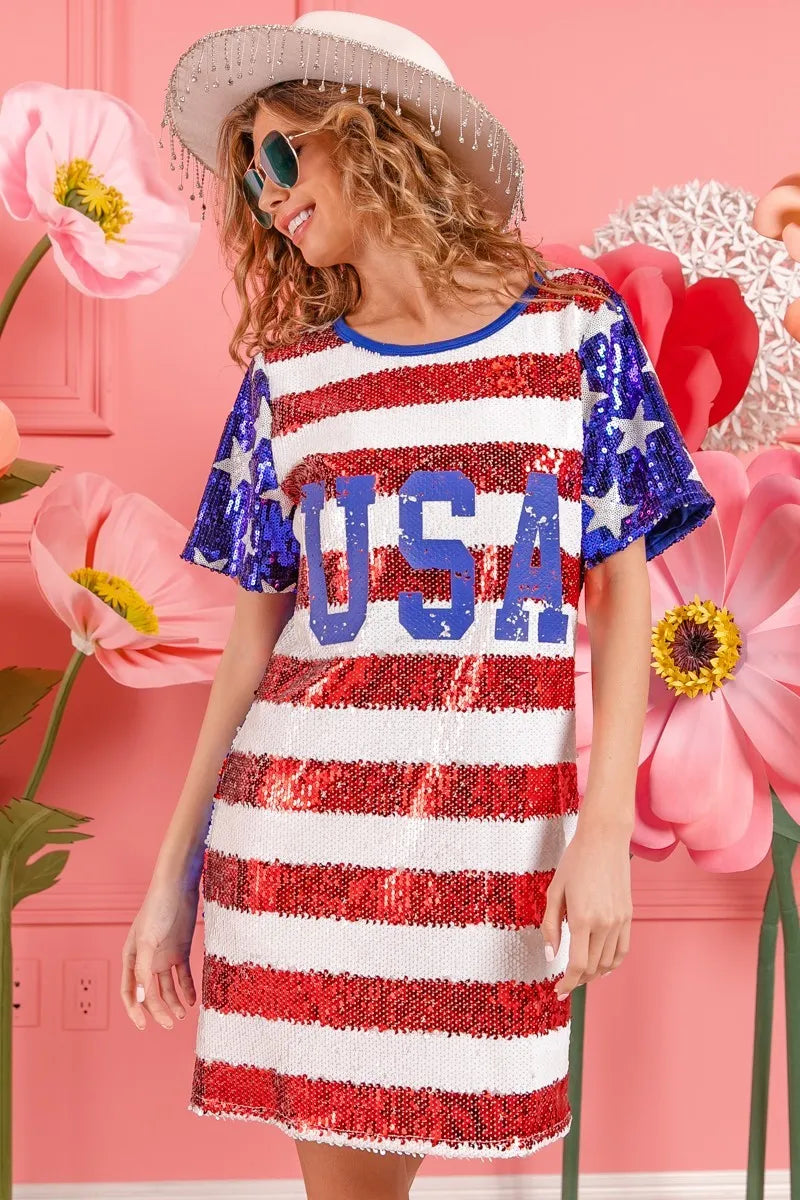 BiBi American Flag Theme Usa Print Sequin Dress - NeoKira Unlimited