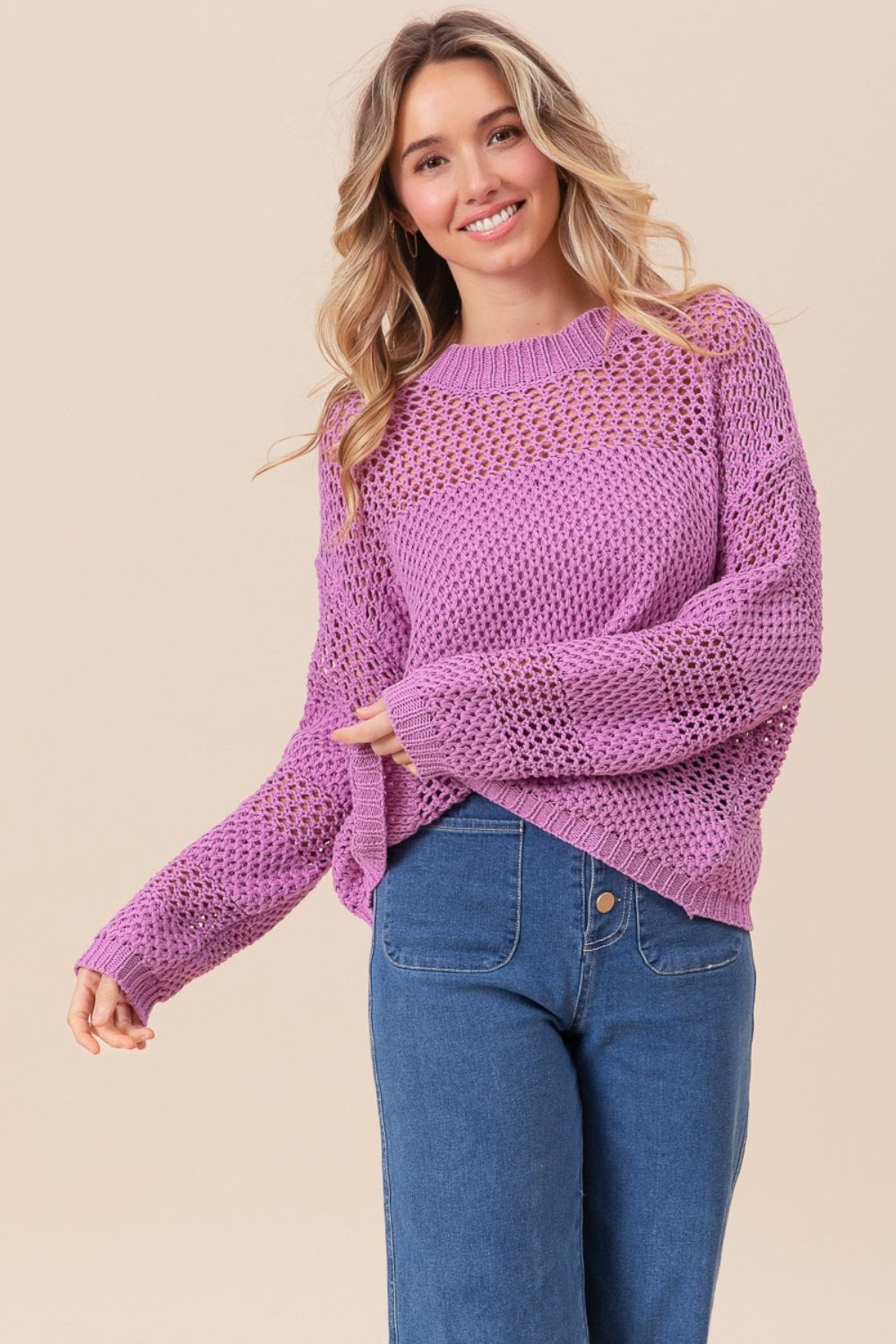 BiBi Openwork Long Sleeve Knit Top Top Trendsi   