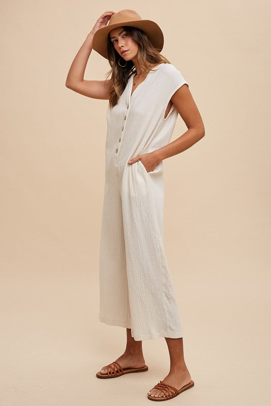 Annie Wear Button Detail Wide Leg Jumpsuit with Pockets - NeoKira Unlimited