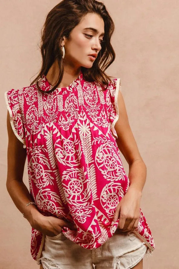 BiBi Pink Paisley Ruffle Cap Sleeve Smocked Neck Blouse - NeoKira Unlimited