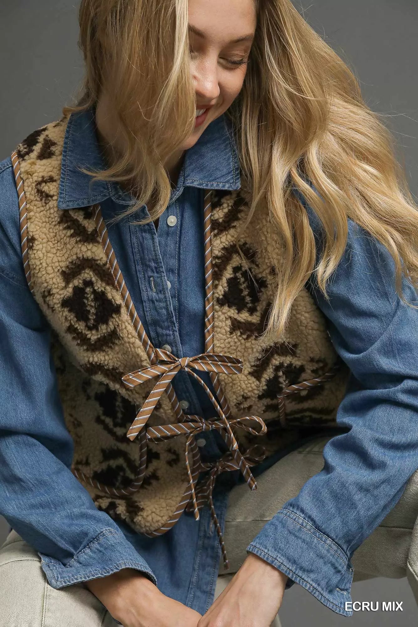 Umgee Mix Patterned Sherpa Tie-Front Vest Boho Winter Layer - NeoKira Unlimited