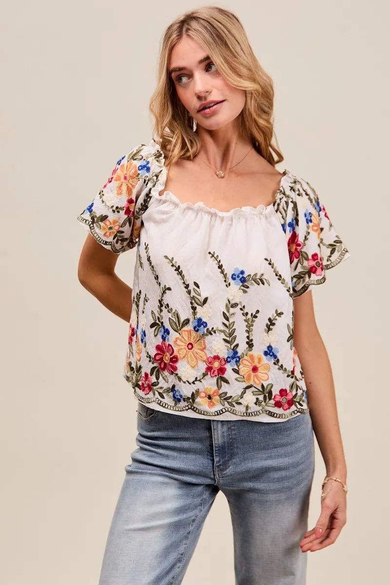 SO ME Floral Embroidered Off Shoulder Blouse With Ruffle Detail – Boho Chic - NeoKira Unlimited