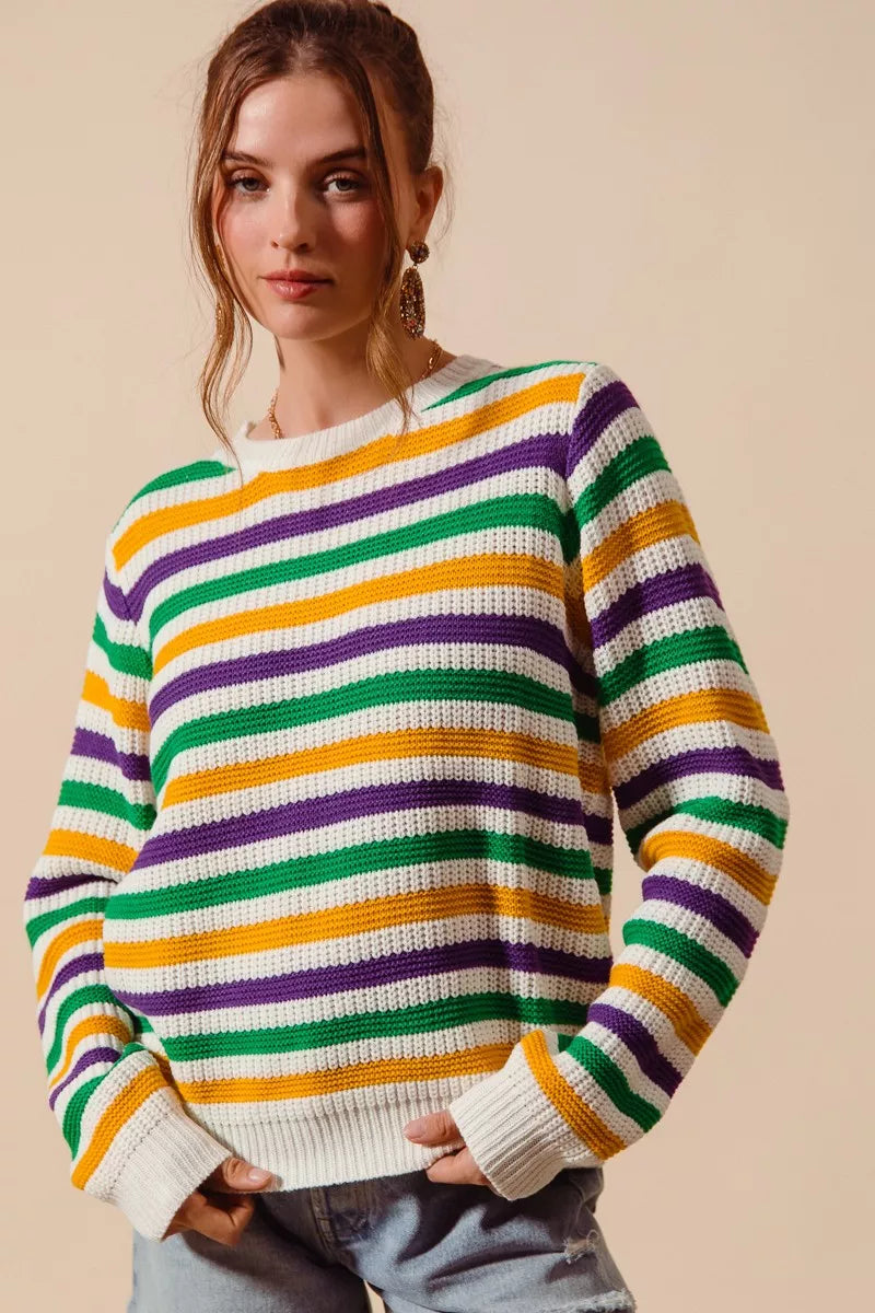 SO ME Mardi Gras Color Stripe Knit Sweater Top - NeoKira Unlimited