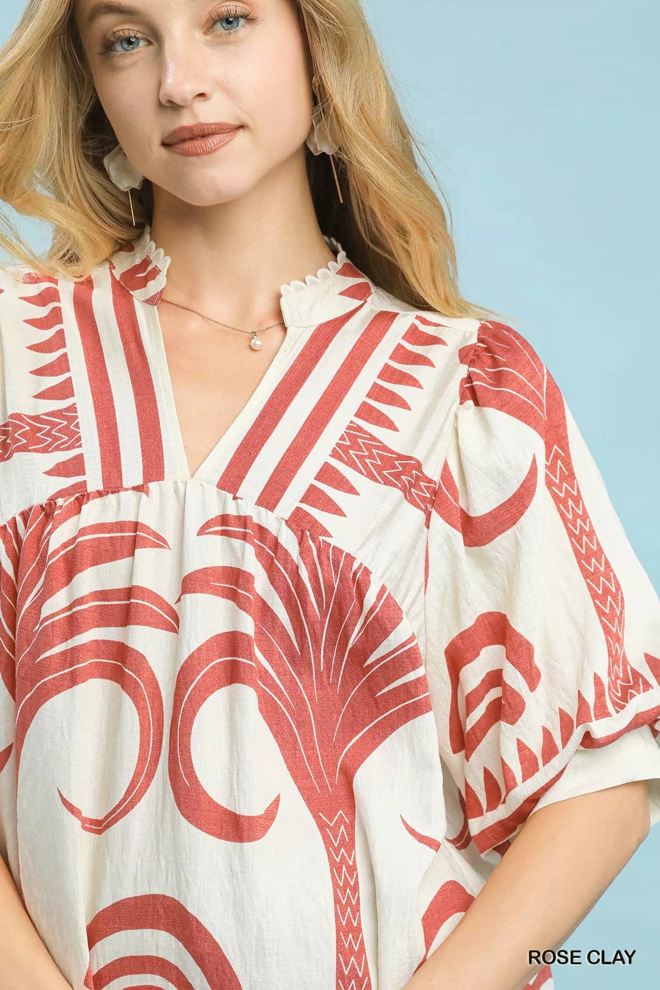 Umgee Folk Art Palm Print Puff Sleeve Blouse Boho Chic - NeoKira Unlimited