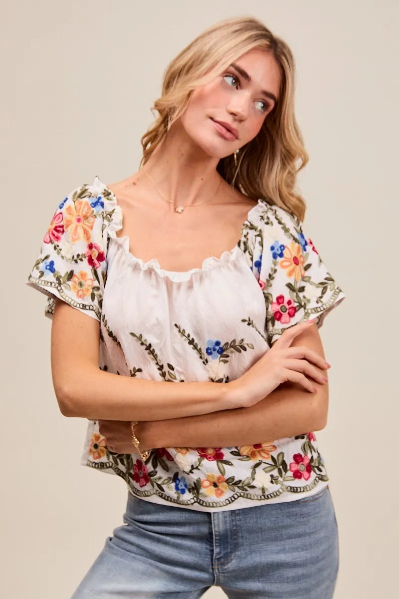 SO ME Floral Embroidered Off Shoulder Blouse With Ruffle Detail – Boho Chic - NeoKira Unlimited