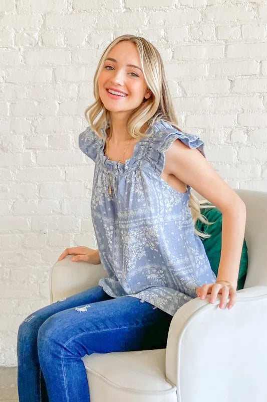 And The Why Boho Print Rayon Linen Ruffle Baby Doll Tank Top - NeoKira Unlimited