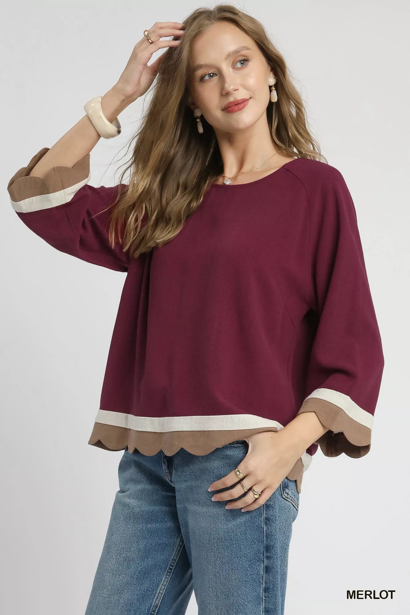 Umgee Scalloped Hem Linen Blend Color Block Top Chic Casual - NeoKira Unlimited