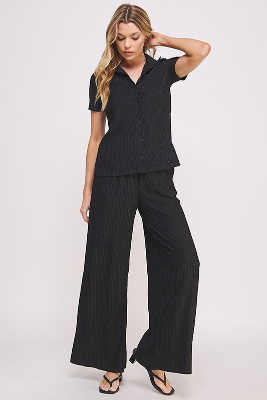 Jade By Jane Textured Short Sleeve Button Down Wide Legs Pants Set - NeoKira Unlimited