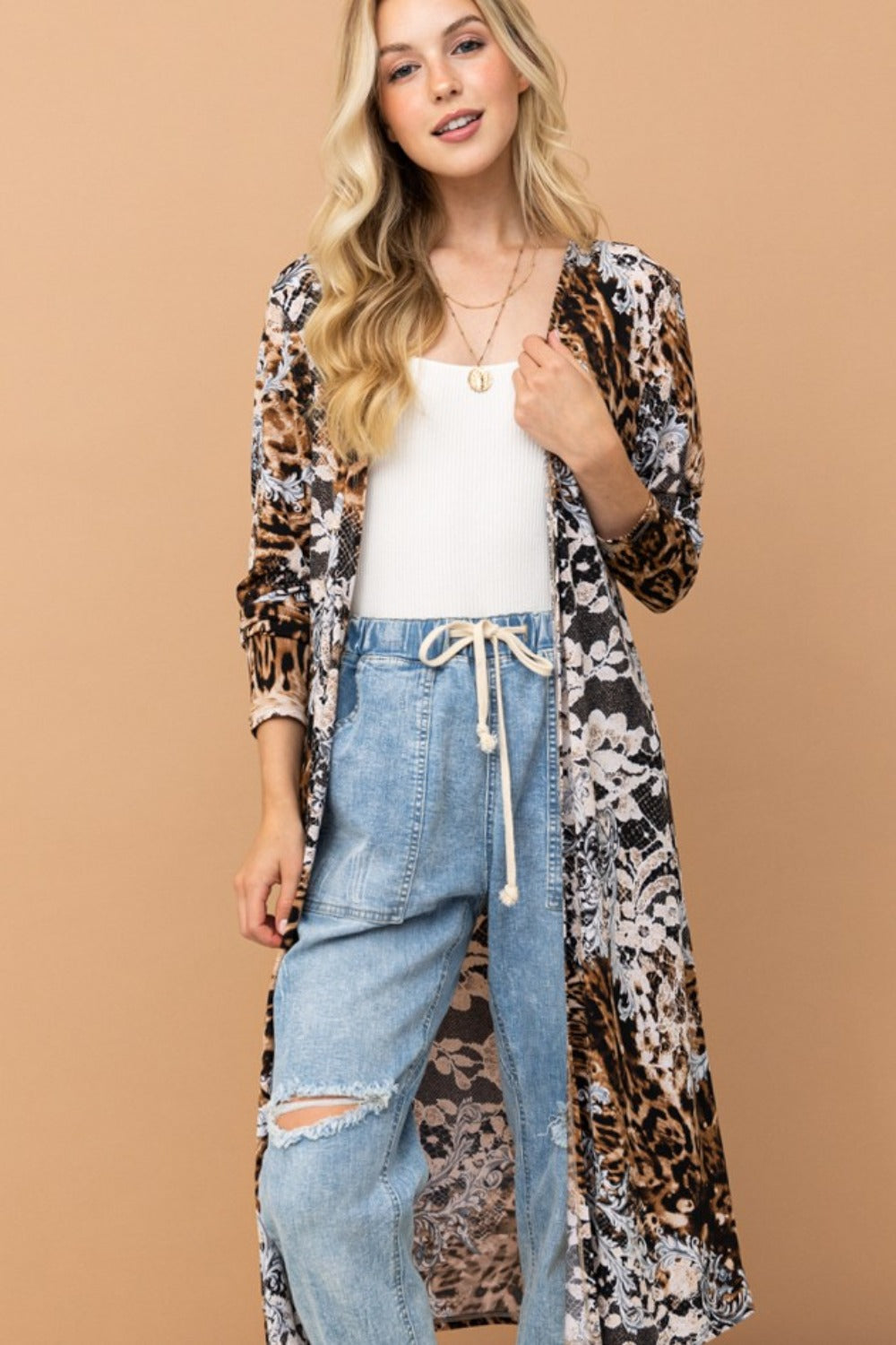 And The Why Leopard Kimono Open Front Longline Cardigan - NeoKira Unlimited