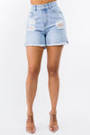 American Bazi High Waist Distressed Raw Hem Denim Shorts Denim Shorts Trendsi Blue S 