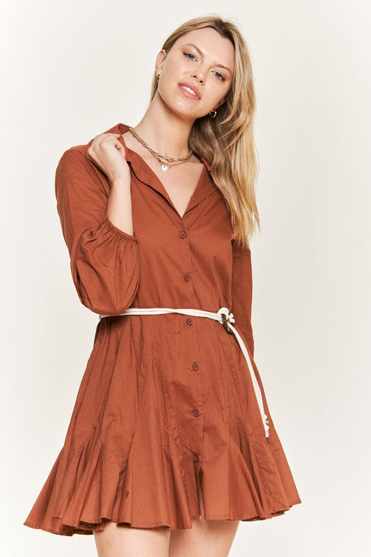 Jade By Jane Solid Flare Button Down Shirt Dress With Belt Mini Dress Jade By Jane   