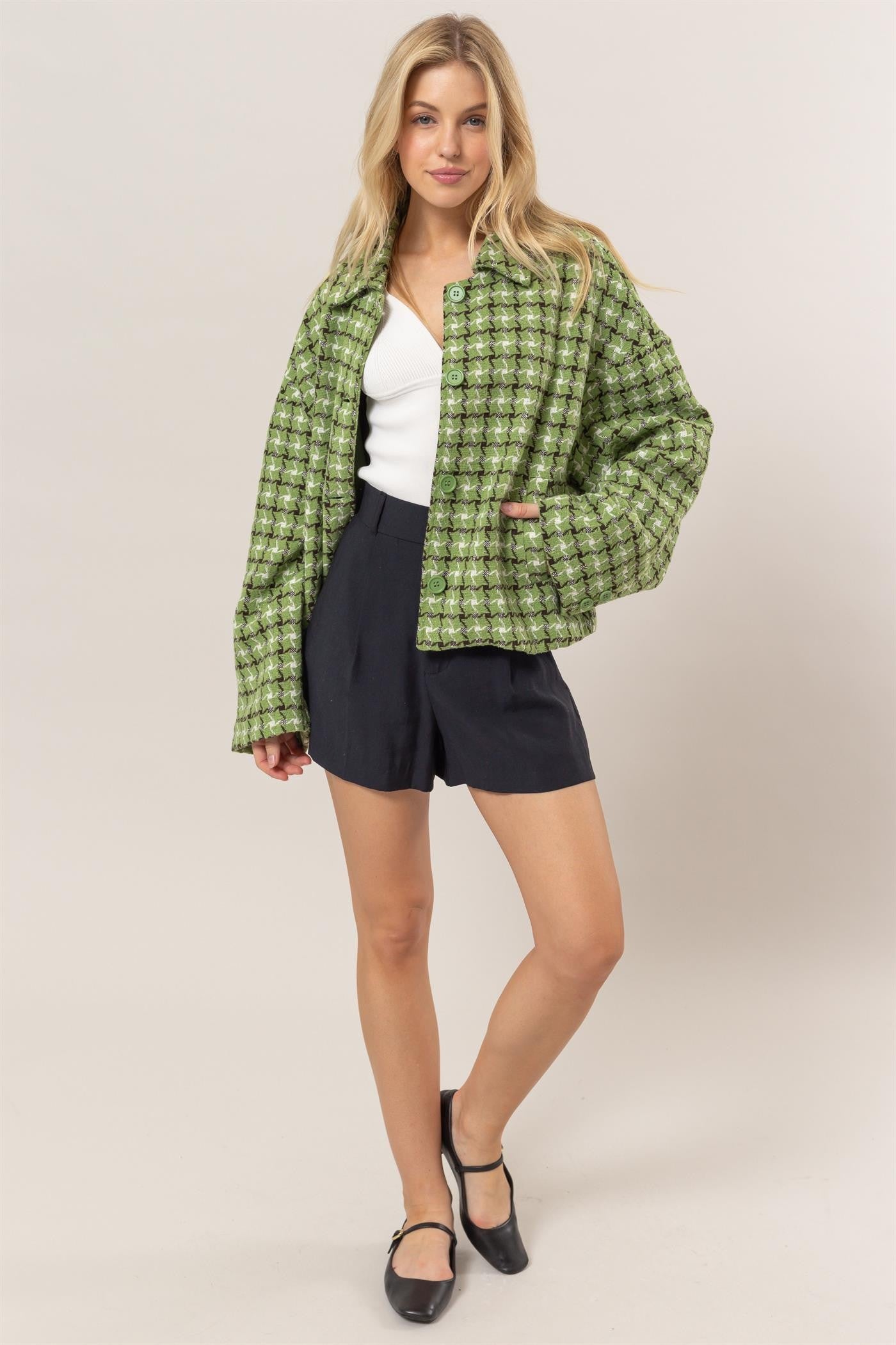 HYFVE Tweed Plaid Button Up Collared Neck Jacket - NeoKira Unlimited